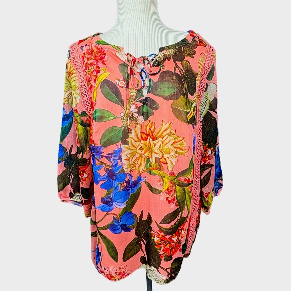 Gibson Latimer 1X Floral Blouse Boho Lace Hi-Low Sheer Sleeve Lined‎ Top Spring